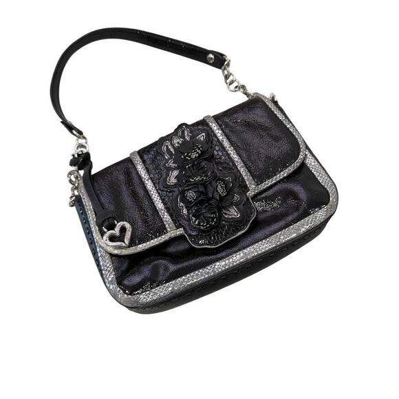 Brighton Black Silver Patent Leather 3D Flower Mini Shoulder Bag - Picture 2 of 8
